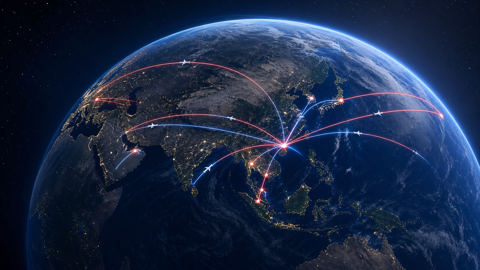 Global air routes connecting Shenzhen, China with major logistics hubs