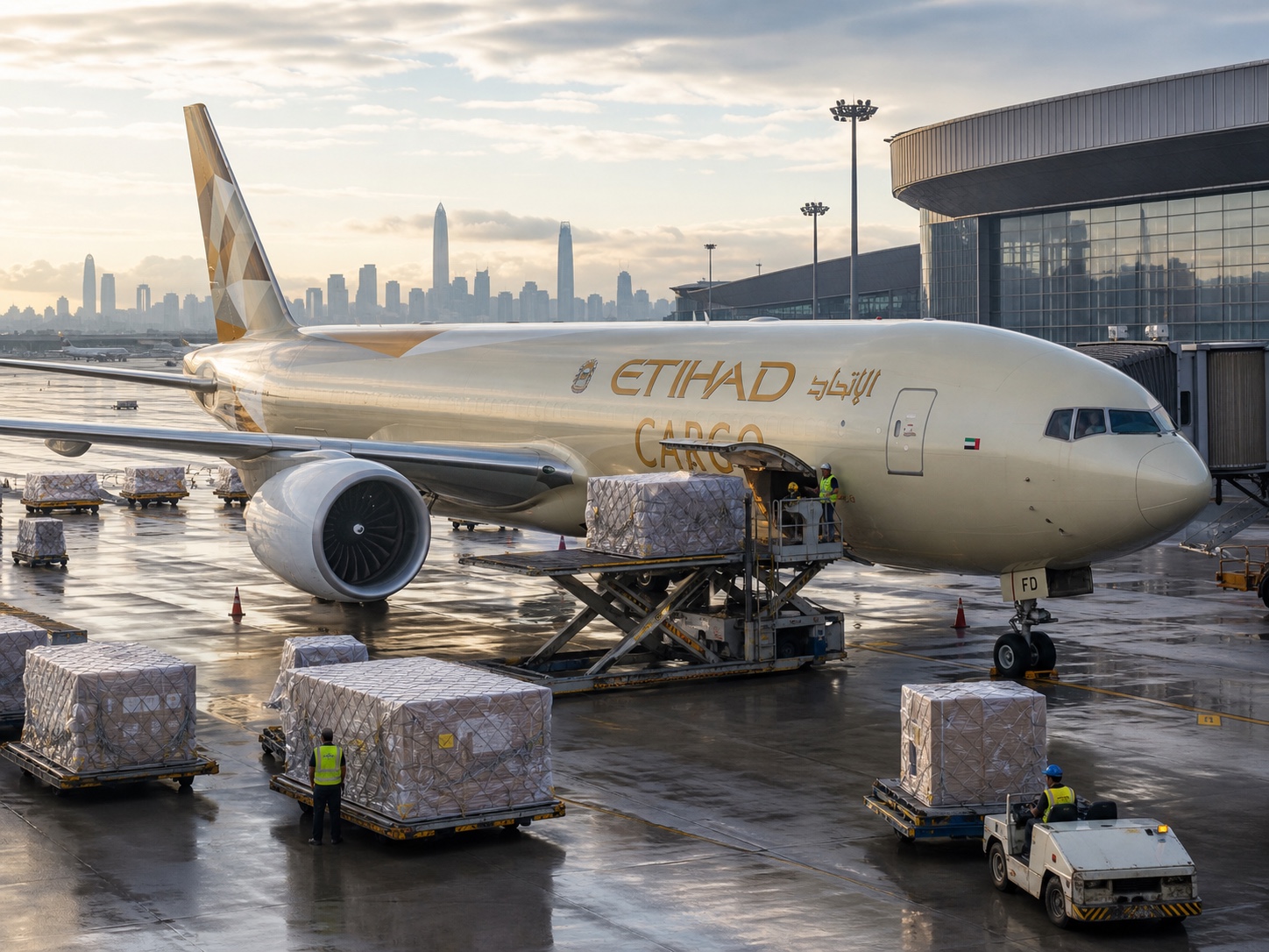 Etihad Cargo freighter handling precision export cargo at Shenzhen Bao'an Airport