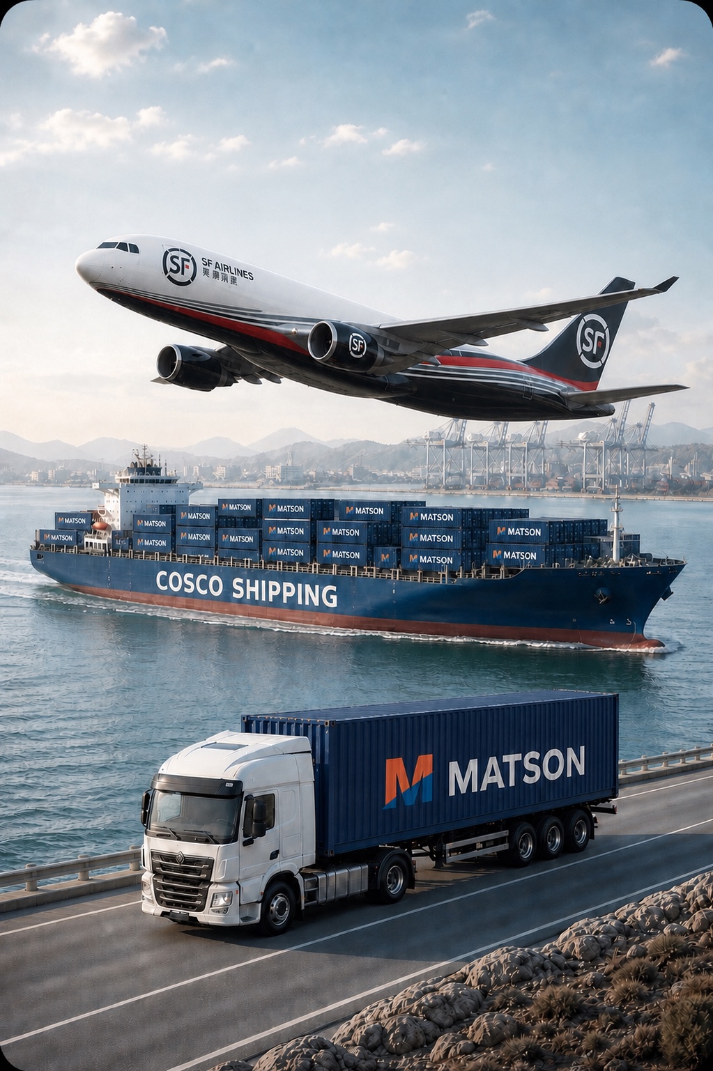 Cargo airplane, container ship and freight truck in a global logistics network