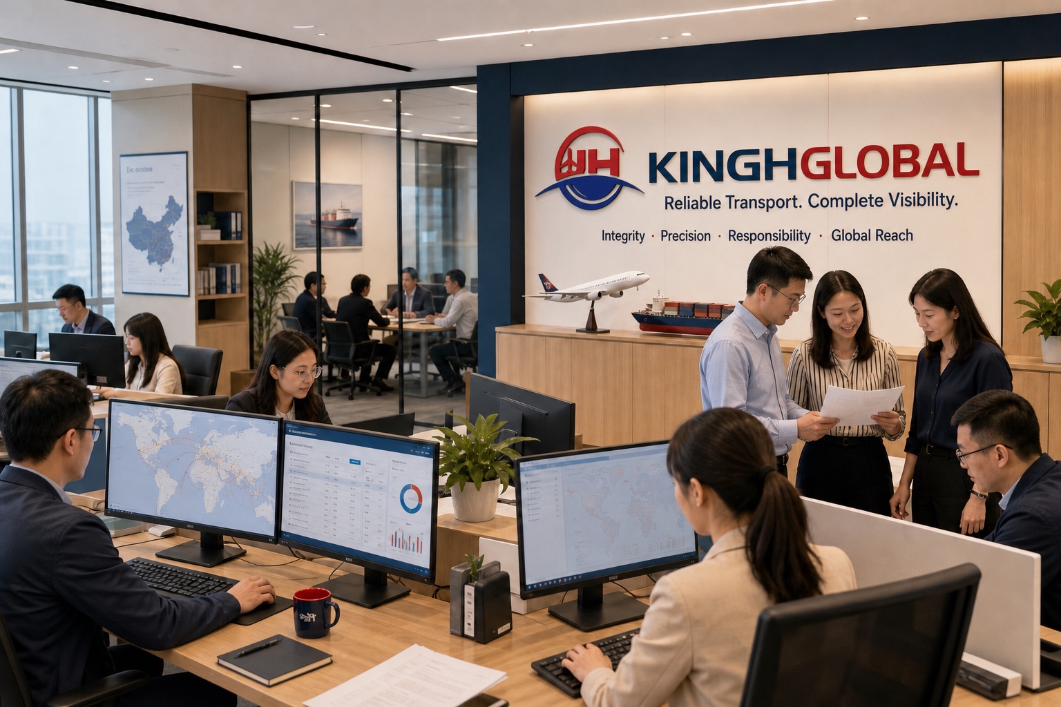 Chinese KINGHGLOBAL logistics professionals working beside the branded company culture wall